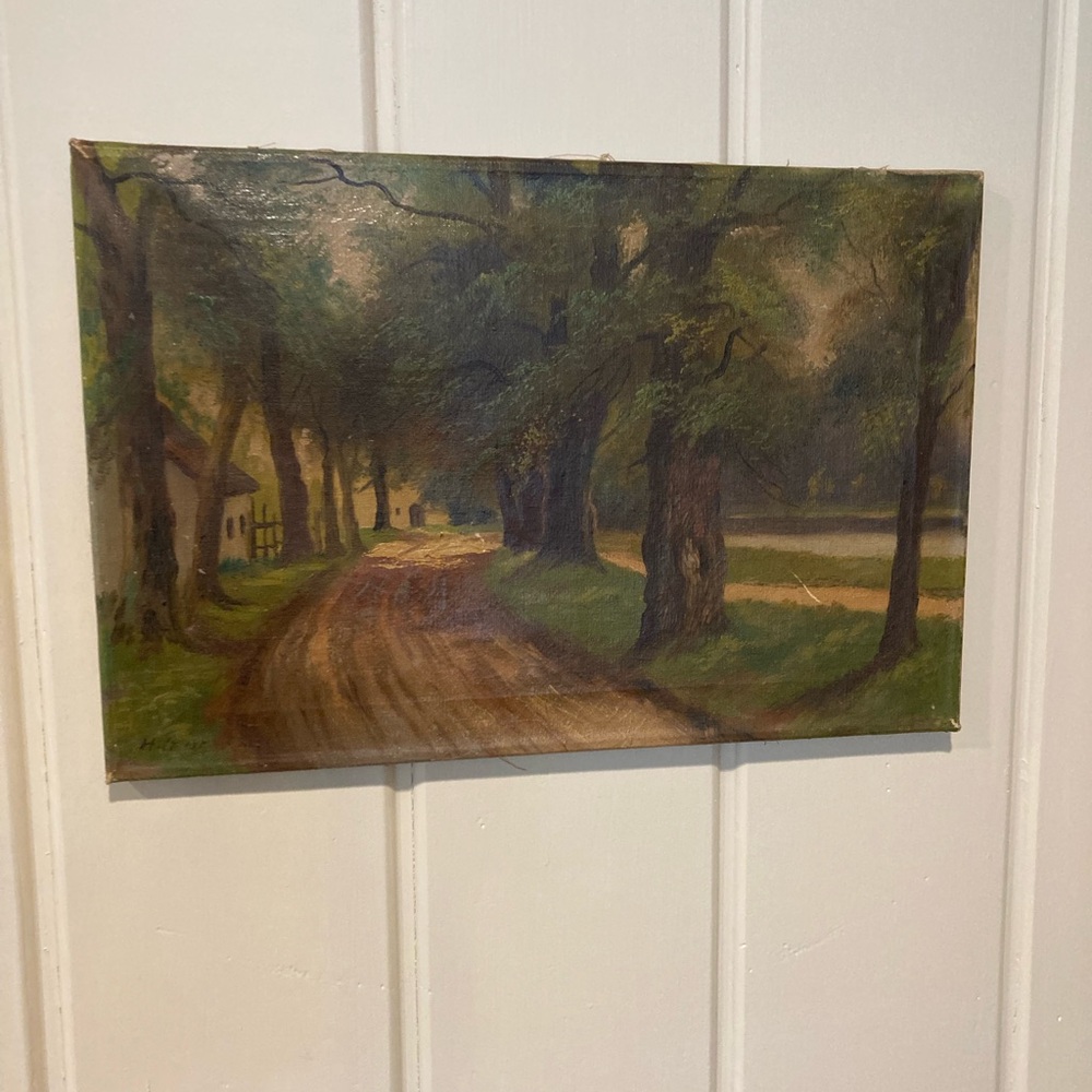 Antique Oil Painting on Canvas Forest Scene